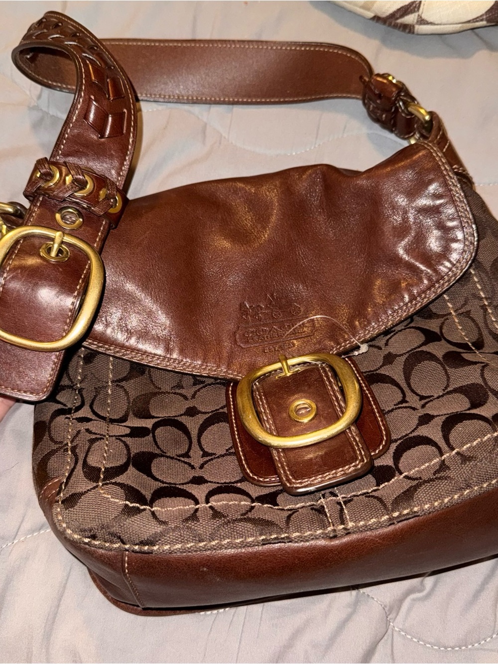 Coach Brown Signature Canvas Shoulder Bag with Leather Trim